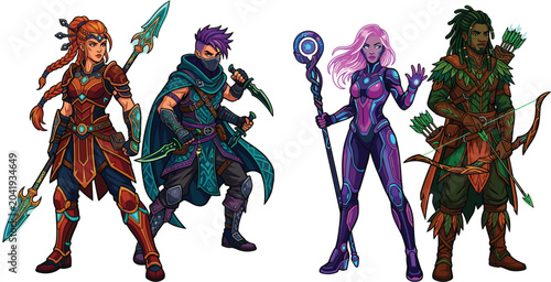 Bild auf Leinwand Vibrant fantasy RPG character vector sticker set featuring female spear warrior,