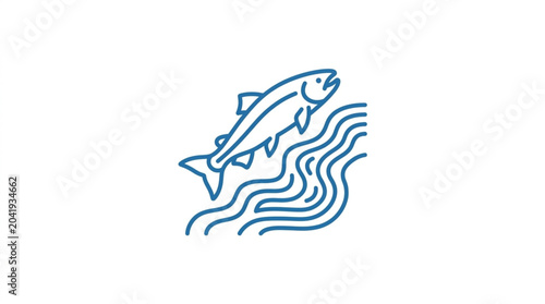 Bild auf Leinwand Line art illustration of a salmon jumping over waves in a river.