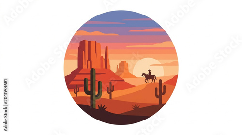 Tableau sur toile Lone cowboy rides horse through desert landscape at sunset.