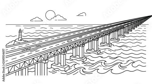 Valokuva Long bridge crossing over the ocean with a lighthouse.