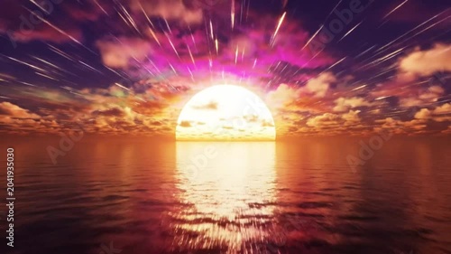 Mesmerizing sunset with vibrant colors and radiating light over the calm ocean creating a serene atmosphere