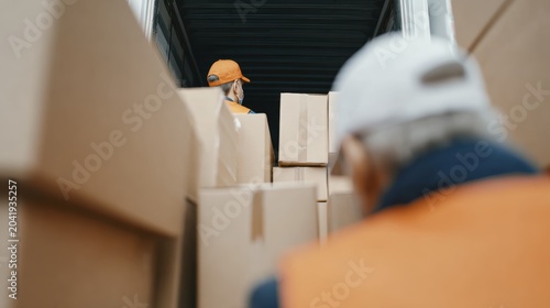 Workers loading boxes into truck for delivery and shipping logistics