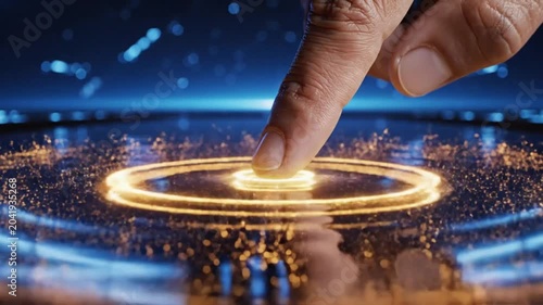Futuristic Finger Interaction Activating Golden Energy Circle on Reflective Surface