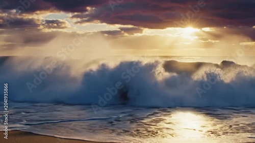 Epic ocean wave crashing on a sandy beach at sunset, dramatic and powerful display of nature