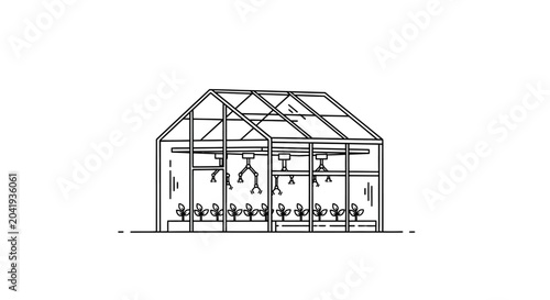 Fényképezés Robotic arms tend to plants in a modern greenhouse.