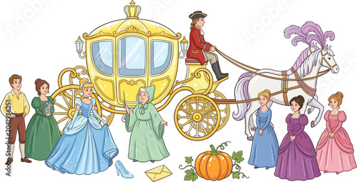 Φωτογραφία Cinderella fairy tale character collection set with golden carriage princess pumpkin and horse vector illustration