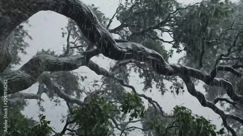 Rain and wind sway tree branches with a moody atmosphere creating a natural, stormy weather scene