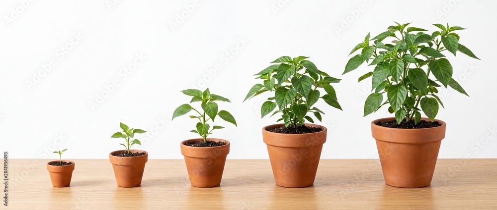 Fototapeta premium Growing plant stages in pots symbolizing business growth and progress