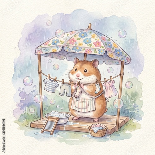 A charming hamster wearing an apron and a flower-patterned umbrella above, is busy doing laundry, with tiny clothes hanging on a clothesline and bubbles floating around.
