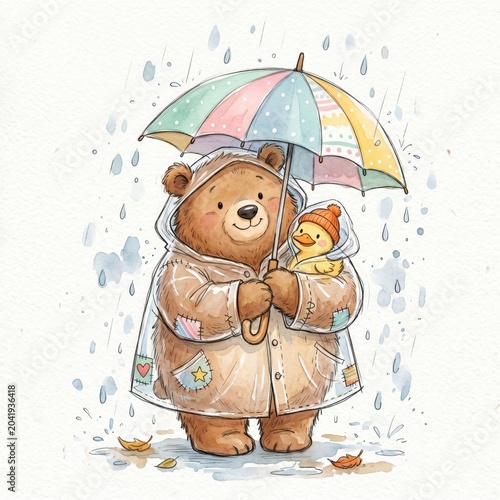 A charming bear wearing a raincoat and holding a colorful umbrella shelters a cute duckling from a gentle rain, evoking warmth and friendship.