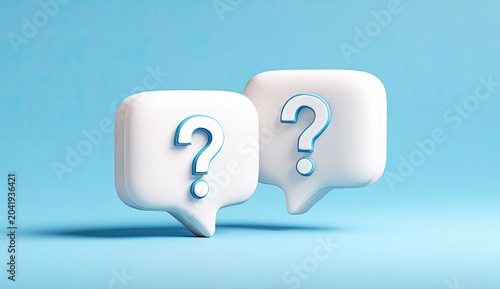 Two white speech bubbles with blue question marks against a light blue background