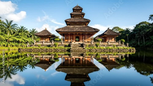 Tranquil Temple Reflection on Calm Water with Lush Greenery Under a Clear Blue Sky