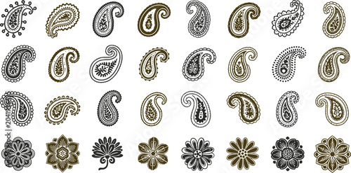 Collection of paisley and flower designs on white background