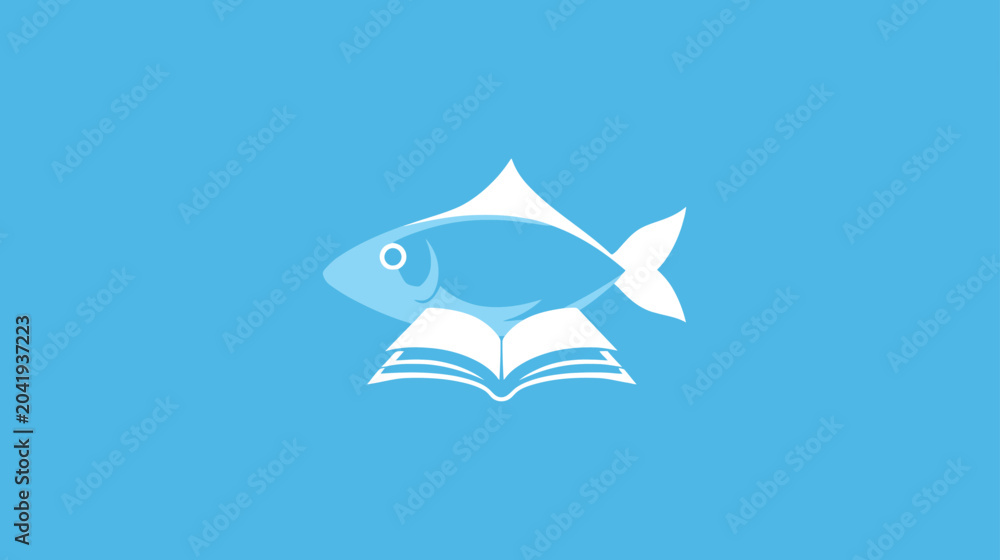 Fototapeta premium Stylized blue fish icon resting on an open book, symbolizing marine education, aquatic knowledge, wisdom, and learning. Flat vector graphic.