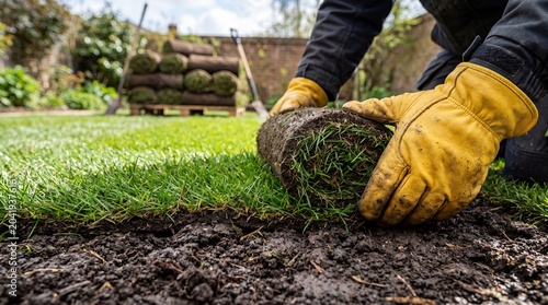 Gardener laying fresh turf rolls to create new green lawn