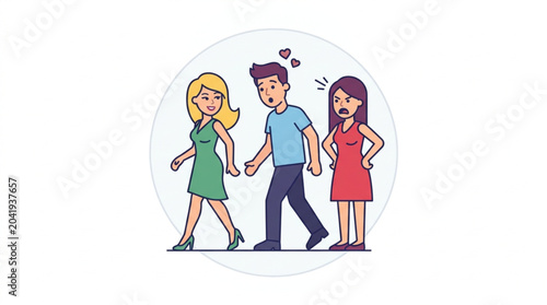 Canvas-taulu Man walking between two women one happy one angry.