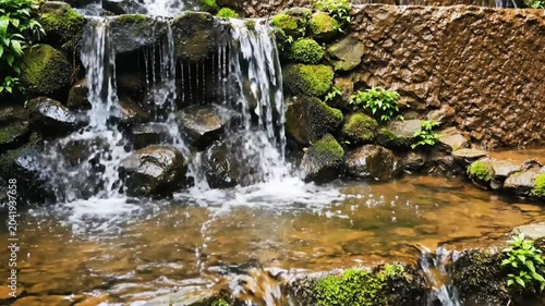 Tranquil cascading waterfall flowing over moss-covered rocks in a lush natural environment for relaxation