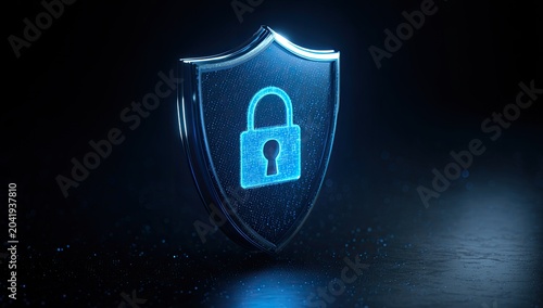 Glowing blue padlock emblem on a shield against a dark, speckled background
