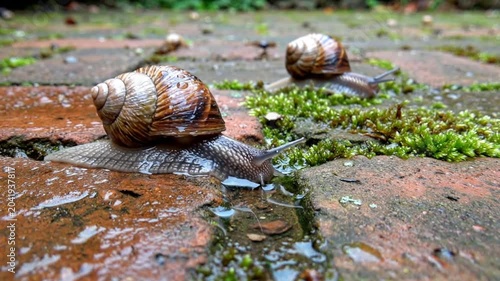 Close-up of two snails moving across wet brick pavement alongside green moss after rainfall in garden