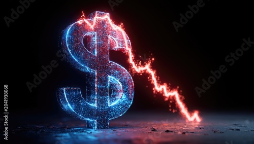 Glowing digital dollar symbol with a bright red downward trend line on a dark background