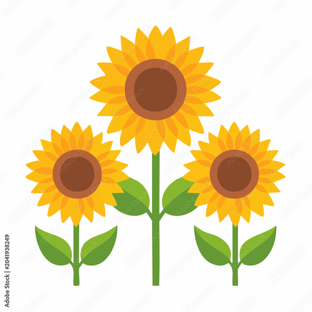 Obraz premium Three Stylized Sunflowers with Green Leaves