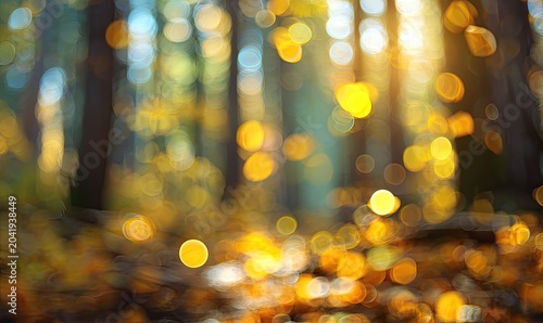 Golden light filters through autumn trees, creating a bokeh forest wonderland