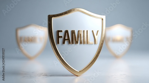 Three golden-rimmed shields with the word FAMILY inscribed on them, symbolizing protection and security for loved ones
