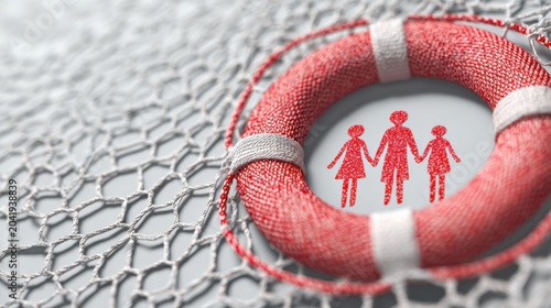 A life preserver encircles a depiction of a family, symbolizing protection and safety. The net suggests security and a secure environment