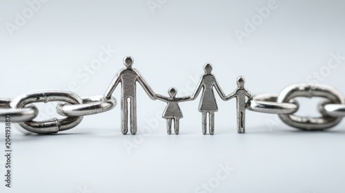 A metallic family figurine holding hands in the center of a metal chain. The family consists of two adults and two children. The chain appears to be an unbreakable bond or link between them