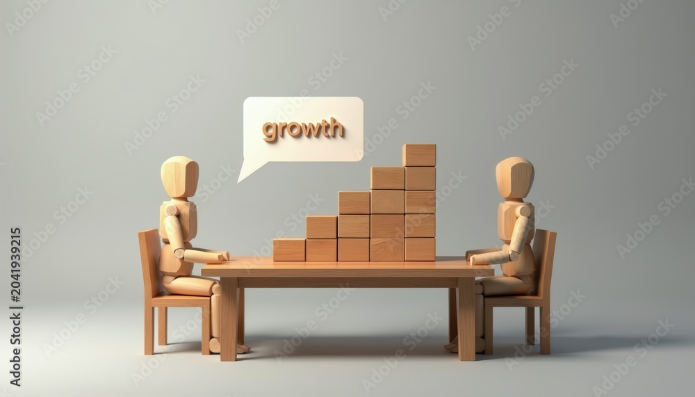 Fototapeta premium Two wooden figures sit at a table discussing growth. Blocks form a staircase, symbolizing upward progress. Conversation about development and future plans.