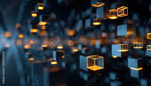 Abstract glowing cubes float in a dark, digital space with bokeh lights