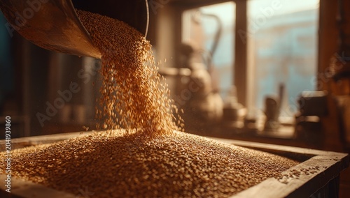 Golden grains cascade from a metal scoop into a wooden bin