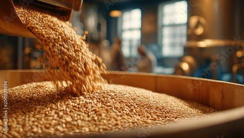 Golden grains cascade into a large wooden vat, a traditional craft in motion