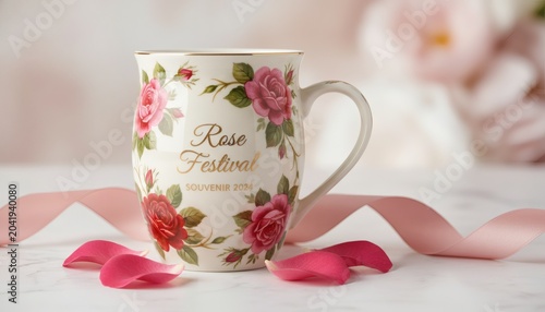 Elegant rose festival souvenir mug decorated with pink floral patterns and gold lettering on a marble table with ribbon and petals for romantic spring celebration concept