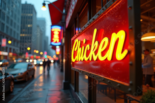 Fried chicken restaurant sign. Fast food branding. Crispy meal logo. Urban street food signage. Warm dining concept