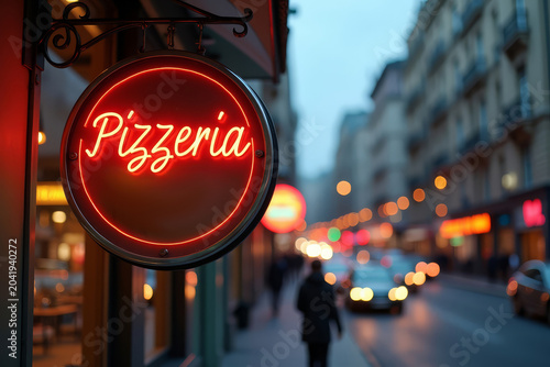 Modern pizzeria sign. Italian restaurant branding. Urban pizza shop logo. Evening dining signage. Street food concept