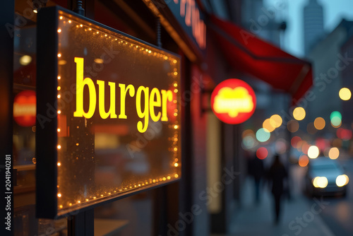 Burger restaurant sign. Fast food branding. Street burger shop logo. Urban dining signage. Night food concept