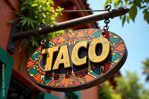 Taco restaurant sign. Mexican food shop branding. Street cuisine logo. Traditional food signage. Urban dining concept