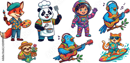 Bild auf Leinwand Cute cartoon animal sticker set featuring artist fox, panda chef, kid astronaut,