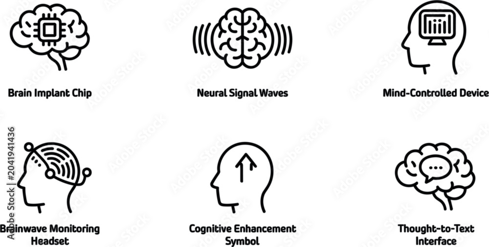 Fototapeta premium Black and White Neurotechnology Icon Set Vector Illustration Featuring Brain Implant Chip, Neural Signal Waves, Mind-Controlled Device, Brainwave Monitoring Headset, Cognitive Enhancement Symbol
