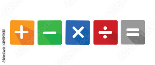 vector design of addition  multiplication  division  subtraction  equal to  and check marks with square borders of different colors. basic math symbols for young children