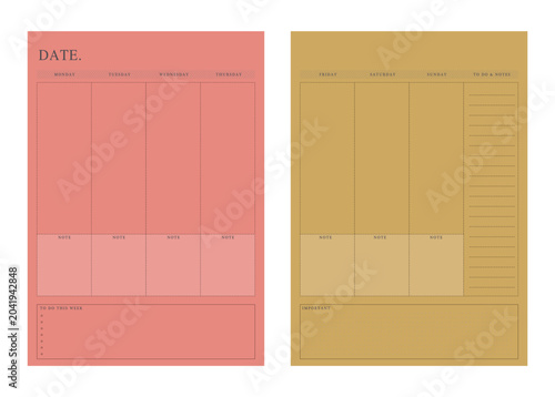Week Planner. Minimalist planner template set. Vector illustration.	
