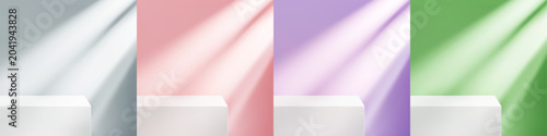 Minimal set white podium mockup with soft diagonal light rays on pink, purple, white and green background. Empty platform for cosmetic product presentation or branding display.