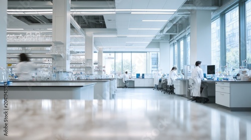 Bright, modern laboratory with scientists working at benches, glass equipment, and large windows