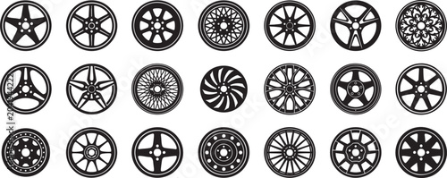 Car Alloy Wheel Rims Silhouette Vector Icon Set, Modern and Classic Automotive Custom Sport Tuning Wheels Collection