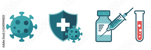 Photography Vaccination icon set featuring virus protection symbols and medical immunization concepts in hand drawn isolated vector illustration style