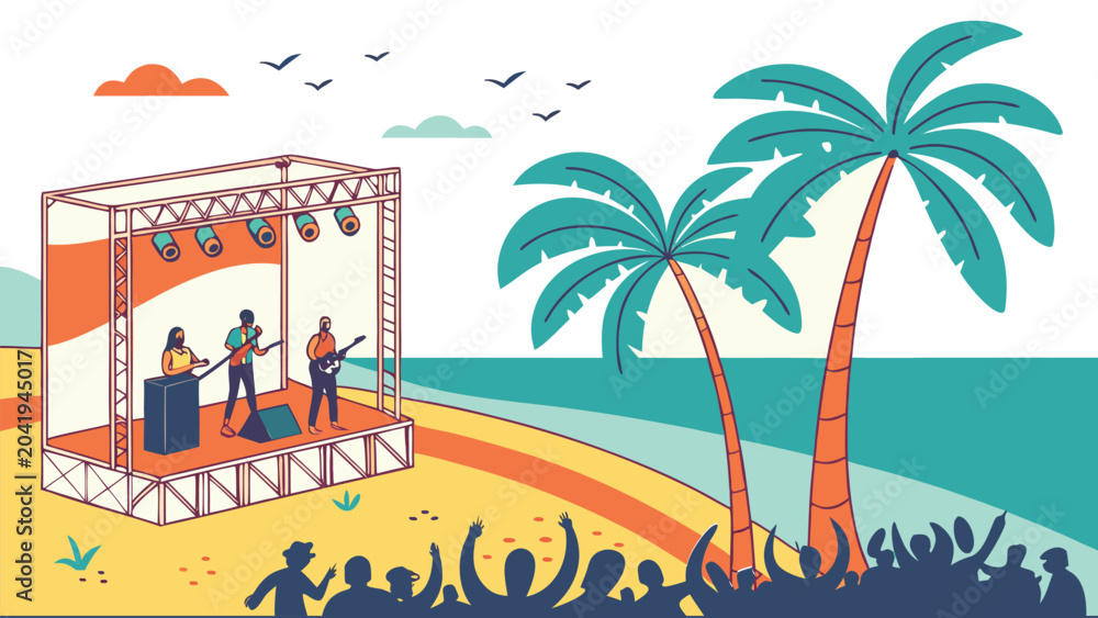 Obraz premium Colorful Beach Wedding Ceremony Under Palm Trees with Tropical Decor and Guests