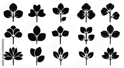 Black leaf icons set on white background