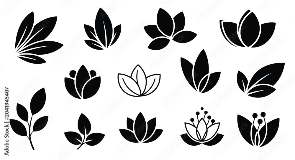 Obraz premium Black lotus flowers and leaves set