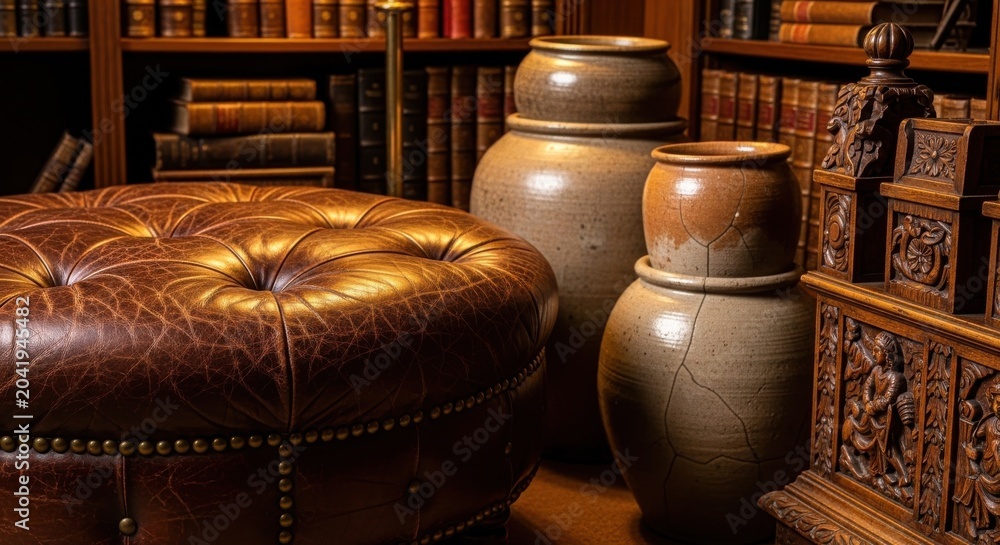 Fototapeta premium An Aged Leather Tufted Ottoman Displaying Rich Patina Beside Antique Ceramic Vases in a Library Setting